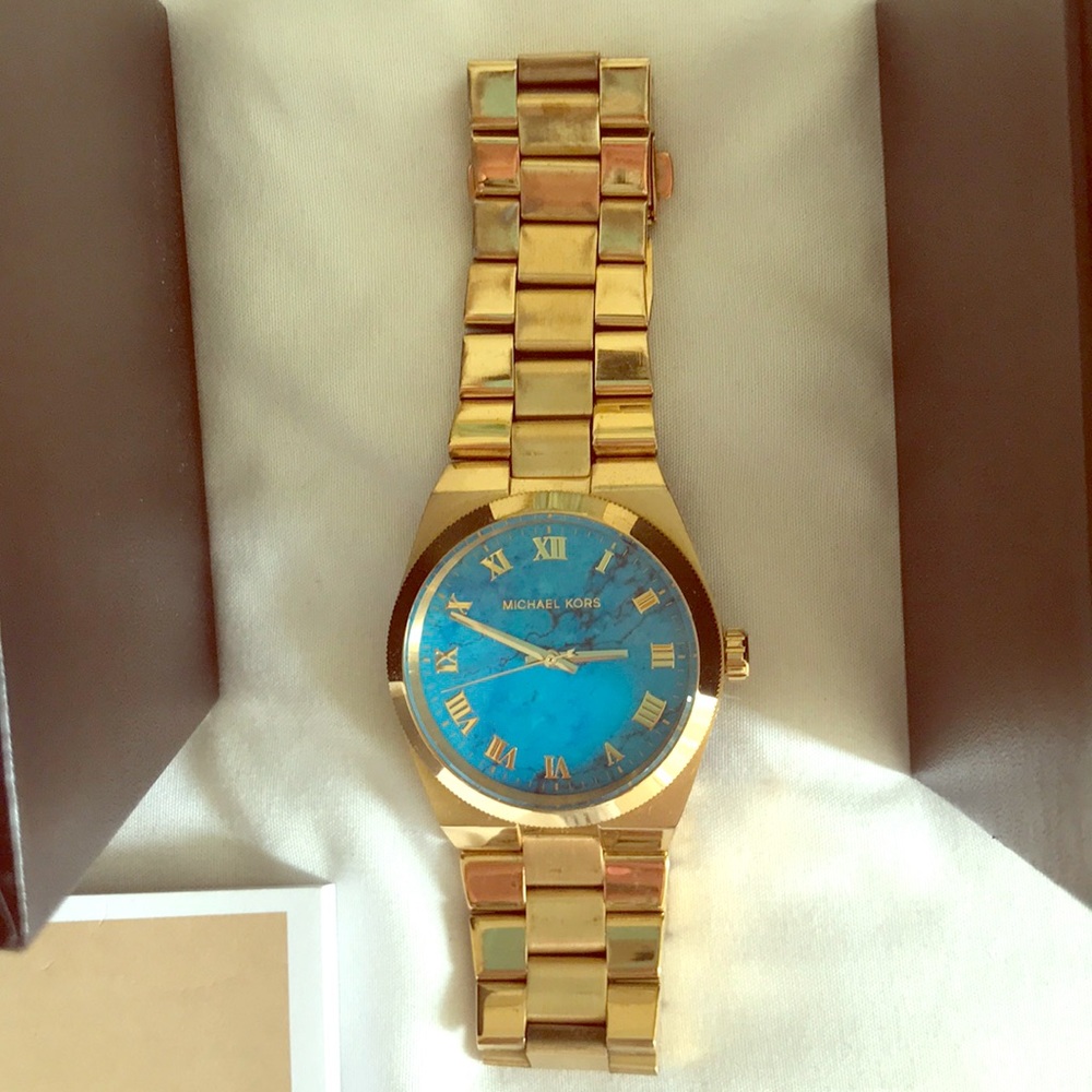 Michael Kors teal marble faced gold watch
